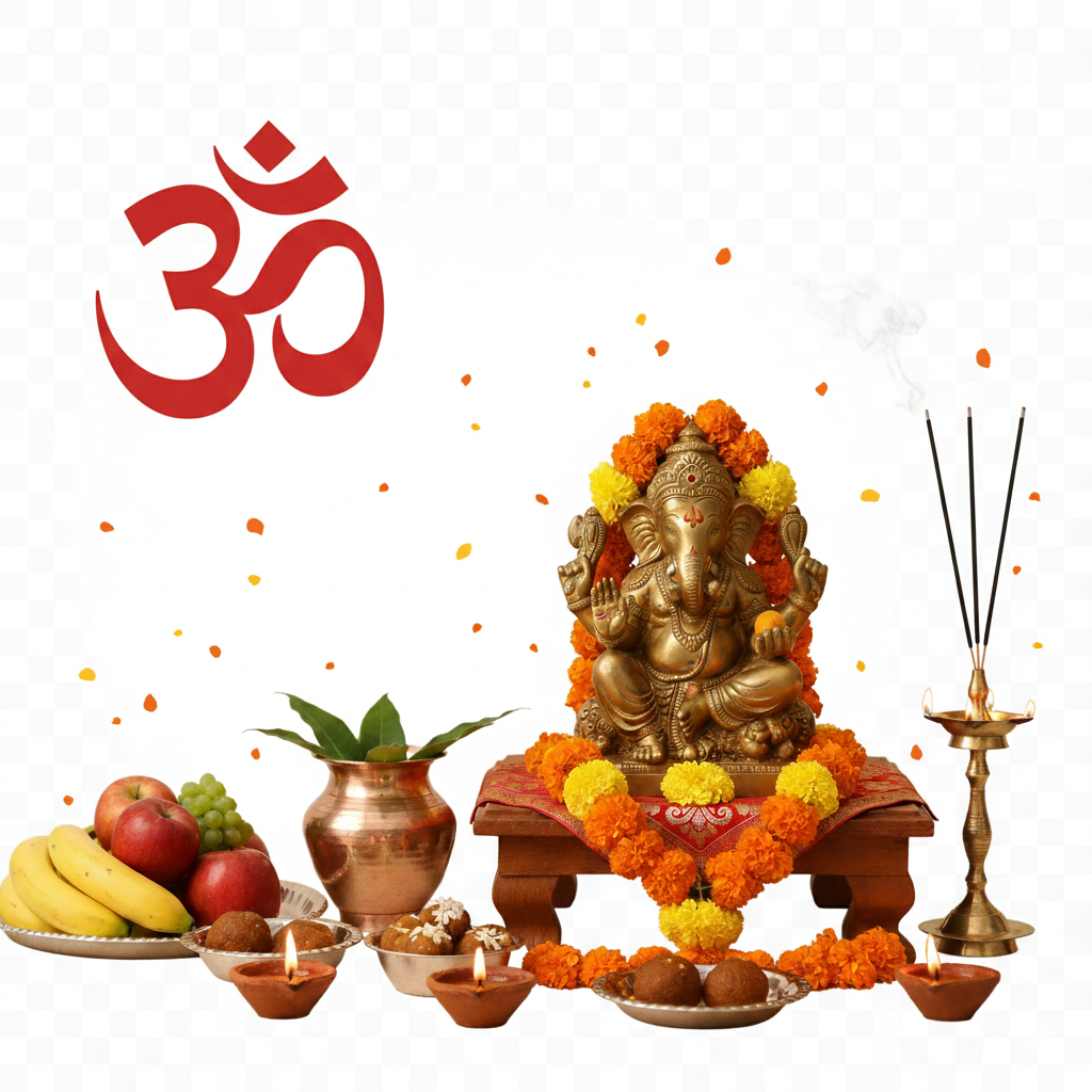 Ganesha puja thali with marigolds, kalash, diya and prasad